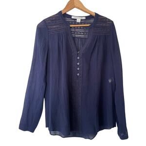 Diane von Furstenberg 100% Cotton Navy Crochet Detail Popover Top • Size 4 ⬇️
